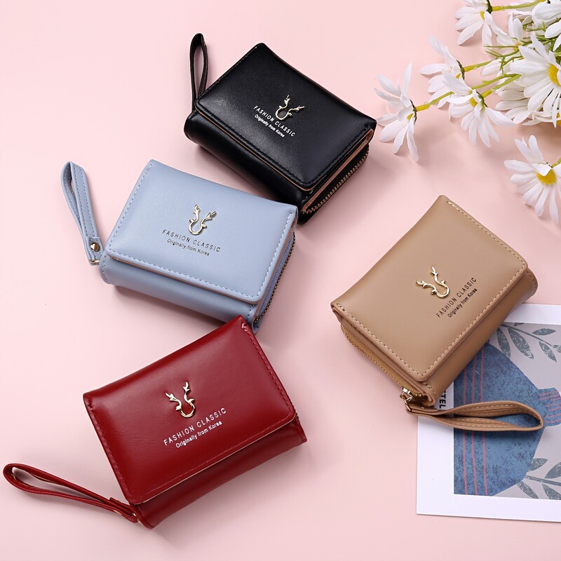 New Women's Wallet PU Leather Short Antler Wallet Mini Zipper Coin Purse Cartoon Triple Fold Buckle Card Bag New Women's Wallet PU Leather Short Antler Wallet Mini Zipper Coin Purse Cartoon Triple Fold Buckle Card Bag