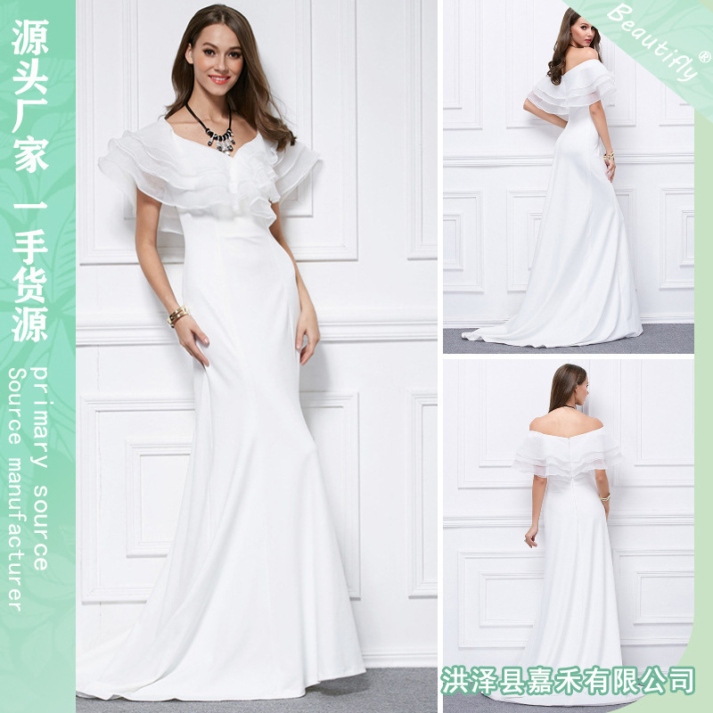 Designer European and American Sexy off-shoulder Ruffled Shoulder Fishtail Elegant Slim-fit Women's Long Dinner Dress Designer European and American Sexy off-shoulder Ruffled Shoulder Fishtail Elegant Slim-fit Women's Long Dinner Dress