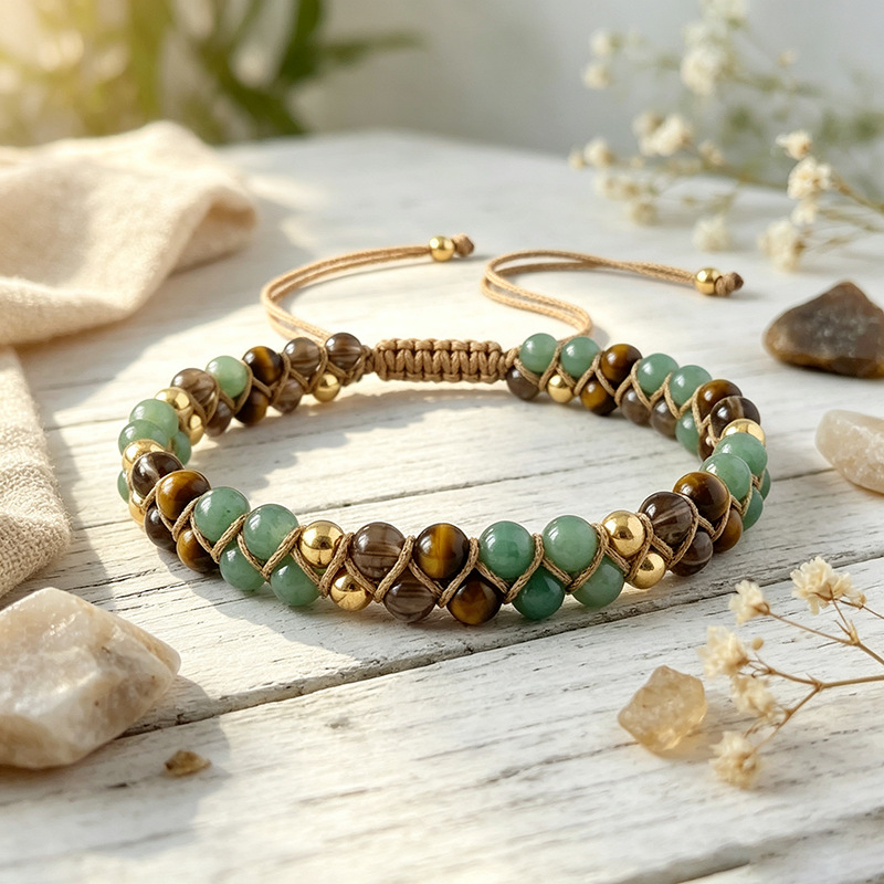 Cross-border foreign trade double-row natural stone hand-woven pull-string bracelet, European and American Bohemian ethnic style niche bracelet