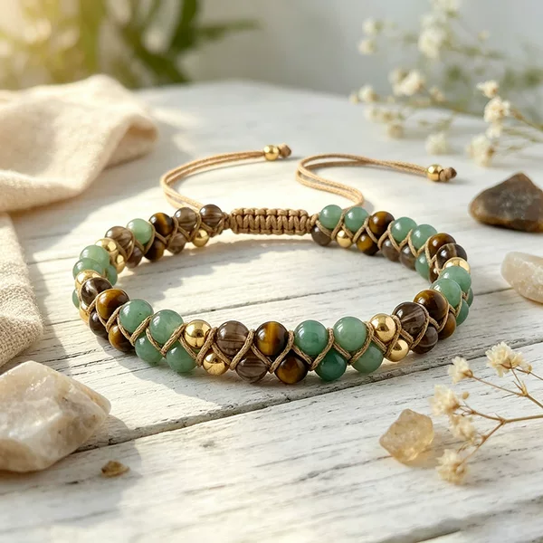 Cross-border foreign trade double-row natural stone hand-woven pull-string bracelet, European and American Bohemian ethnic style niche bracelet