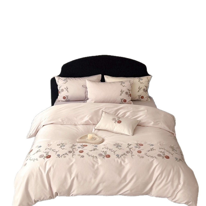 Juego de cama de cuatro piezas de algodón de fibra larga de 60 hilos, color liso, bordado, con sábana ajustable, teñido reactivo.