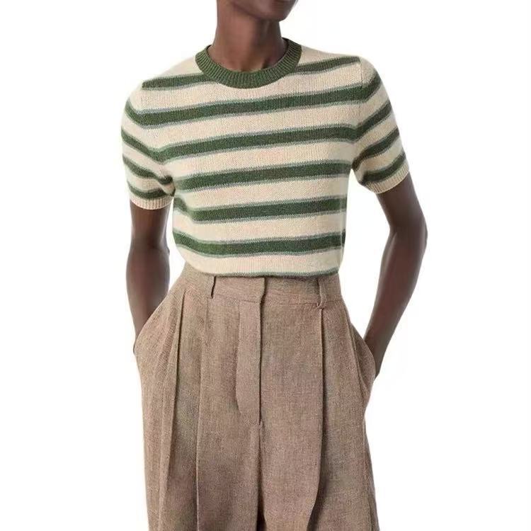 Wool Blended Fabric Stripesd Knitwear Cardigan Jacket Short-Sleeved Pullover Two-Piece Set for Women 2025 Autumn and Winter Hot Style