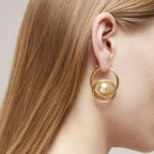 2022年復古簡約幾何圓形設計珍珠耳環女雙圓圈式香檳珠HOOP耳飾品