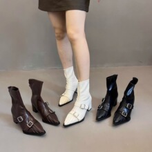 复古尖头高跟短靴女新品皮带扣后拉链新品瘦瘦靴法式粗跟马丁靴男