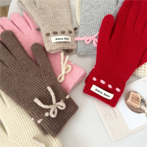 Bow autumn and winter solid color cute women's winter knitted gloves Korean style warm woolen gloves with holes for students