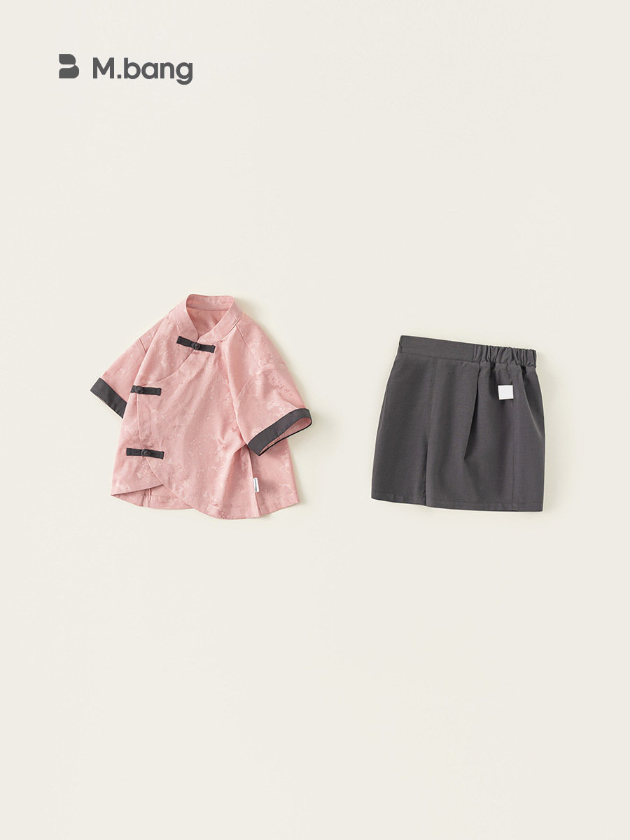 Youbao ropa para niños nuevo traje de niño de estilo chino con botones de disco camisa de estilo nacional top pantalones cortos casuales de dos piezas de color sólido para niños