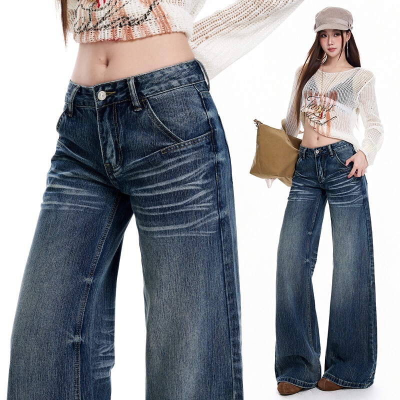 Retro washed bamboo-patterned wide-leg jeans for women, new autumn style, loose fit, non-tight, flowing straight-leg long pants Retro washed bamboo-patterned wide-leg jeans for women, new autumn style, loose fit, non-tight, flowing straight-leg long pants
