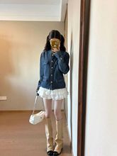韩系穿搭一整套装气质小香风新款蓝色牛仔夹克外套ins蓬蓬蛋糕裙