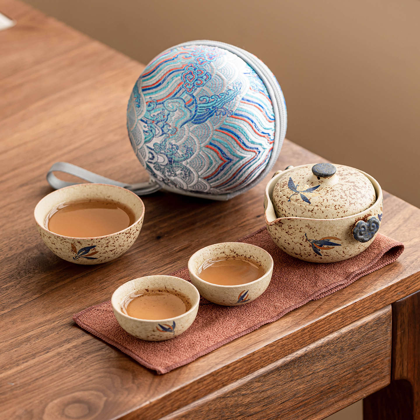 파란색과 흰색 화석 여행 차 세트 Ruyi 세라믹 퀵 컵 야외 캠핑 차 마시는 장비 1인용 차 세트