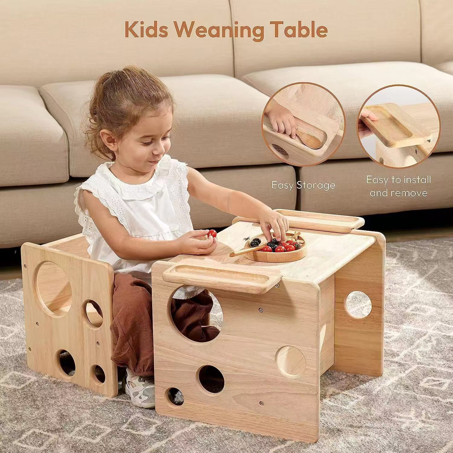 Mesa y silla para bebés de madera sólida, mesa y silla multipropósito para niños de madera sólida, mesa y silla para bebés de madera sólida