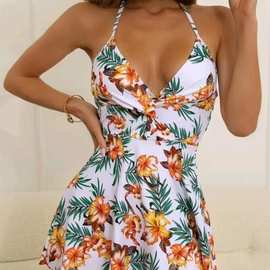 2023新款欧美外贸亚马逊树叶印花比基尼  露背修身款分体泳衣女