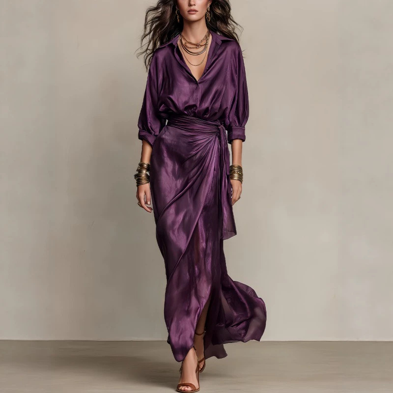 European and American style V-neck long-sleeve satin dress for women, with waist-cinching belt and slit, fashionable shirt dress