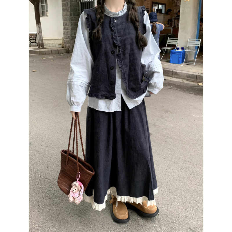 气质通勤套装茶系百搭马甲开衫叠穿长袖纽扣半身裙春秋女装三件套|undefined