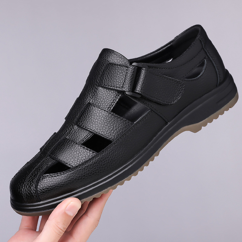 First-Layer Cowhide Hollow Leather Shoes for Men, Genuine Leather Sandals for Men, Summer Breathable Clogs, Non-Slip Casual Dad Men's Shoes