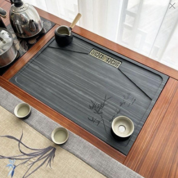 家用茶桌中间内嵌石头漏水盖板嵌入式乌金石排水茶盘茶几茶台