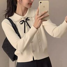 2026秋季新款娃娃领针织衫女蕾丝蝴蝶结小香风高级法式上衣女
