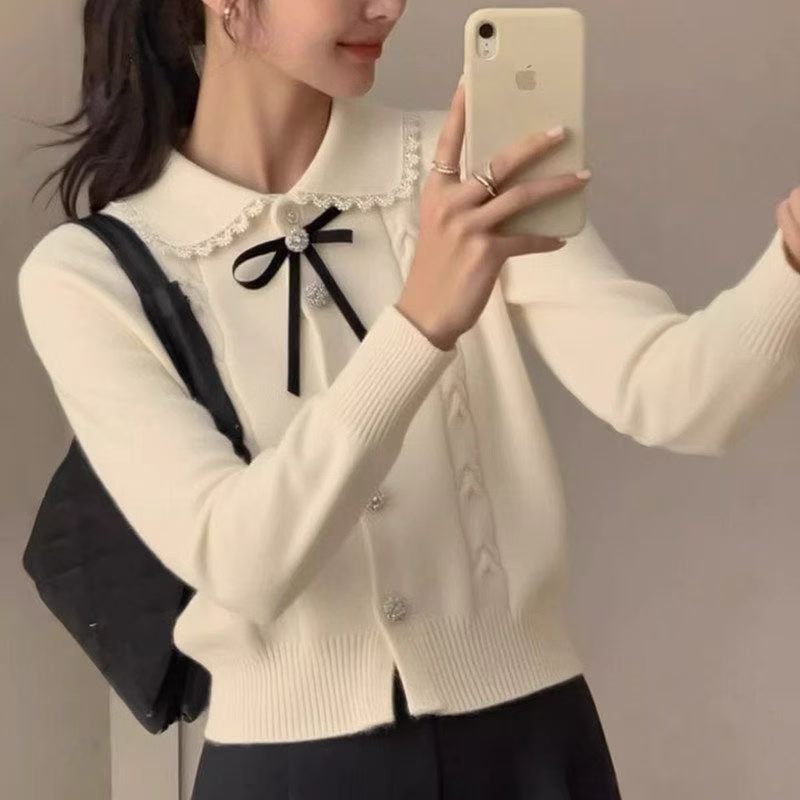 2026秋季新款娃娃领针织衫女蕾丝蝴蝶结小香风高级法式上衣女