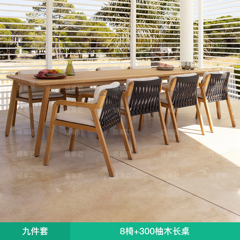 Mesas y sillas para exteriores, balcón de patio de villa, muebles de teca y ratán, terraza acristalada, jardín exterior, juego de sillas de ratán de madera maciza. image 13
