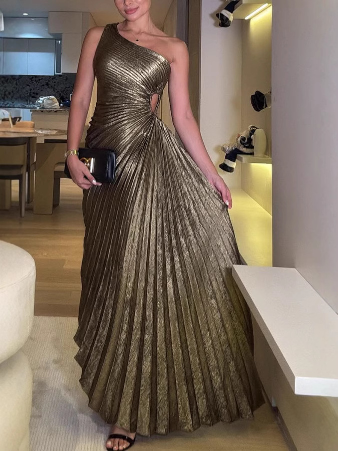 Women's Sleeveless Dress With Pleated Folds And Diagonal Shoulder Design, Single-Shoulder Style, Size 8125_ecoleips.com