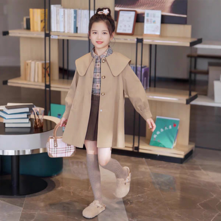 女童中长款风衣秋季2025新款韩版洋气儿童英伦风外套学院风披肩领|undefined