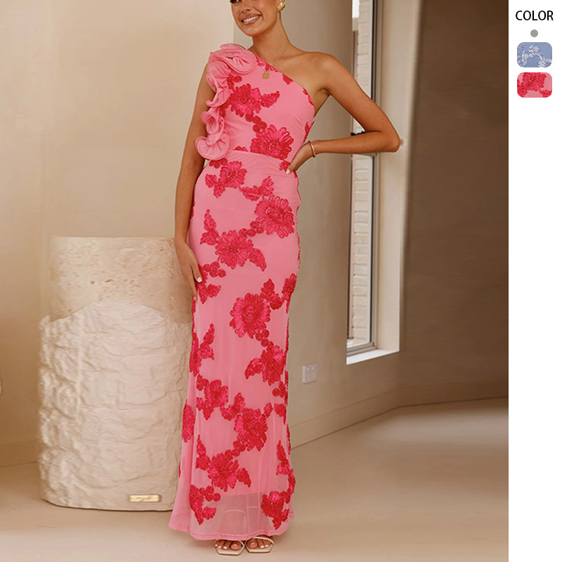 Foreign Trade Asymmetrical Neckline European and American Amazon Fashion Strap Bodycon Sexy Three-Dimensional Floral Dress 2026 Summer New Arrival