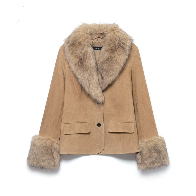 2025 Winter New Women's Clothing European and American Fashion Suede Leather Faux Fur Effect Blazer 4341811 2025 Winter New Women's Clothing European and American Fashion Suede Leather Faux Fur Effect Blazer 4341811