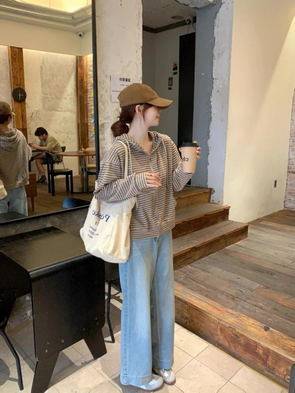美式慵懒chic连帽卫衣外套女2025年新款早秋韩系穿搭春秋条纹上衣|undefined