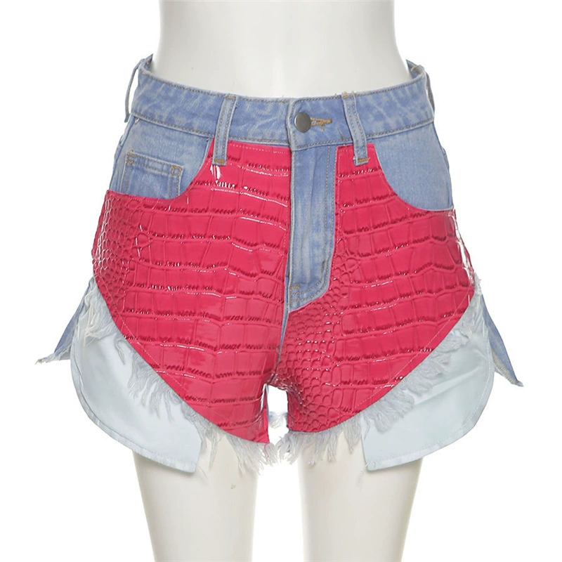 Woman denim Jean Shorts PU Leather Patchwork Pokcet Zipper Mini Jean Shorts S-L 2Color 	 W21P04640 slim fit