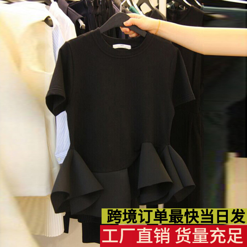 South Korea's Dongdaemun 2026 Summer New Style Asymmetrical T-Shirt with Ruffled Hem and Waist-Cinching Short-Sleeved Black Top