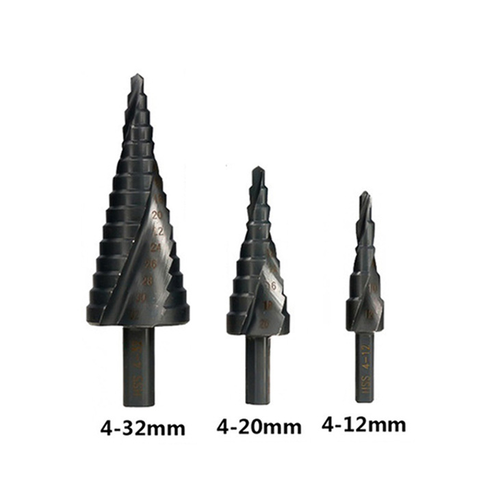 Broca escalonada de ranura espiral transfronteriza, juego de 3 piezas, vástago triangular, nitridada en negro, broca escalonada tipo pagoda, acero aleado