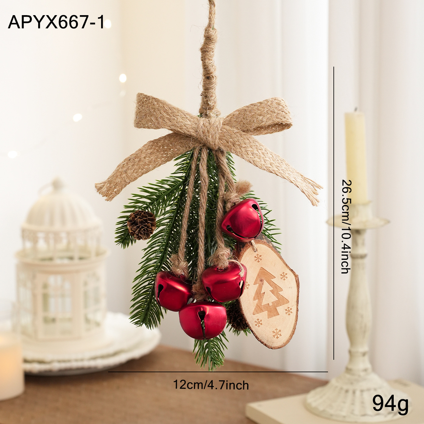 Colgante de Navidad campana pequeña cuerda de cáñamo arco decoración árbol de Navidad pinos ramas de madera escenas de diseño suministros