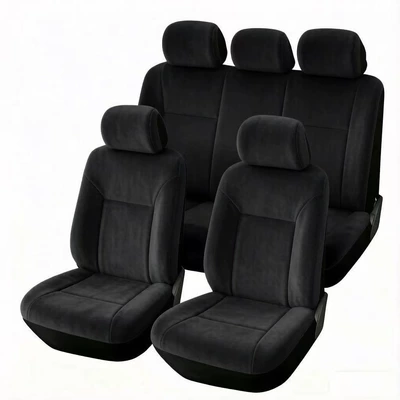 Universal seat cover solid color suede, full-coverage cushion - black-nine-piece-set