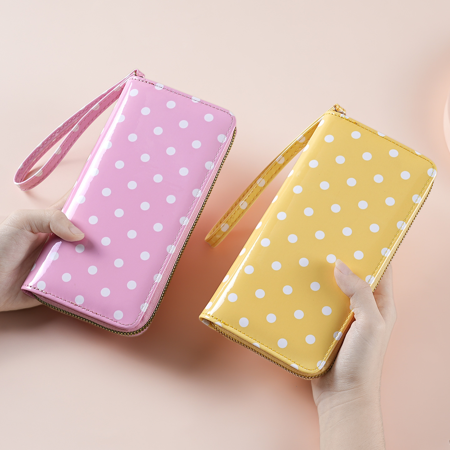 Korean-style cute wallet, simple polka dot long zipper card holder, compact and stylish, cross-border in-stock clutch bag