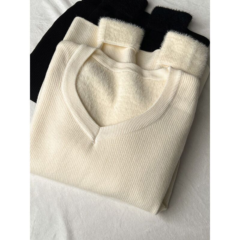 Knitted Knitwear V Neck Inner Layering Women's 2025 Autumn and Winter Slim Knitwear Long-Sleeved One-Piece Velvet Thickeneded Warm Top Knitted Knitwear V Neck Inner Layering Women's 2025 Autumn and Winter Slim Knitwear Long-Sleeved One-Piece Velvet Thickeneded Warm Top