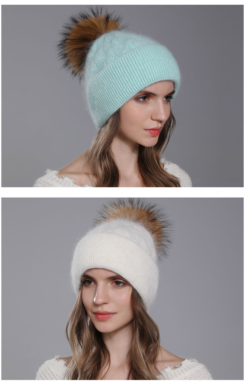 Nuevo Gorro de lana con pelo de conejo Angora tejido para mujer, giros de masa frita para invierno, gorro de lana con brida de doble capa, Bola de pelo de perro mapache,_voghion.com