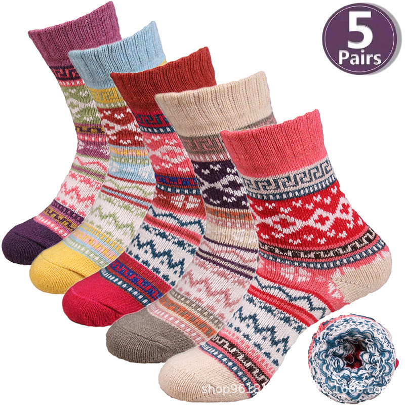 Amazon Cross-Border Winter Wool Socks Autumn and Winter Thickened Warm Ethnic Style Thick Line Socks Women's Stockings Foreign Trade