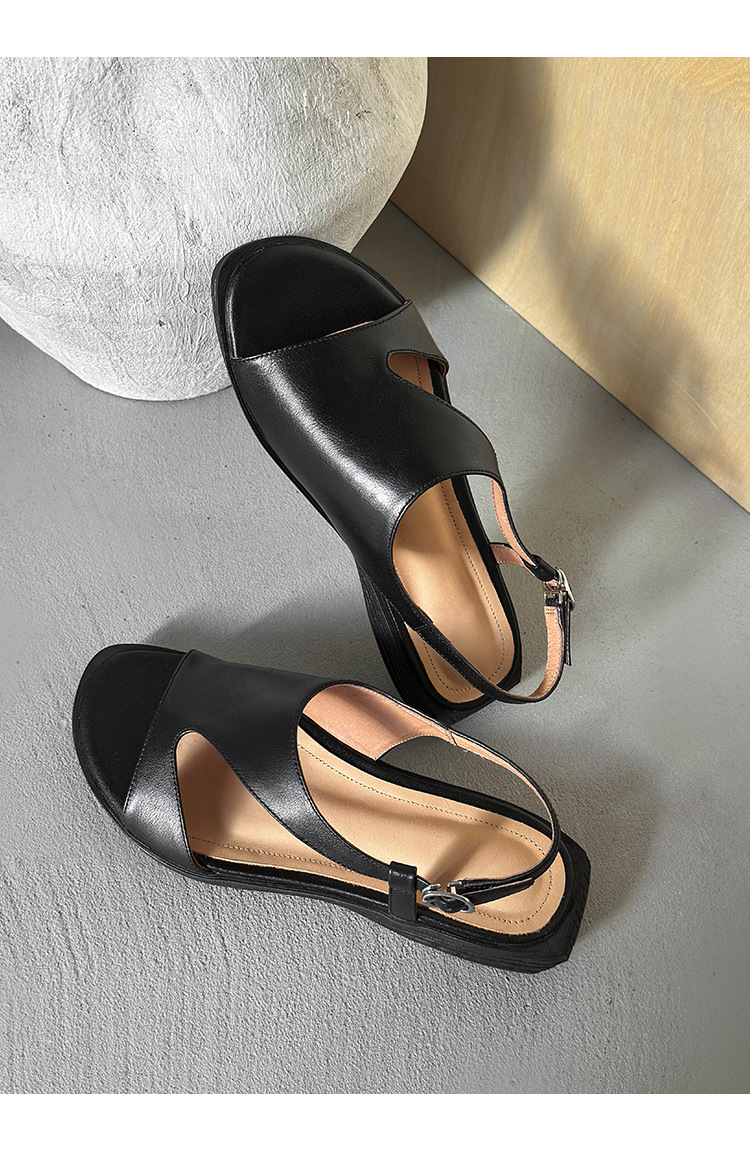 Dép sandal nữ quai ngang da bò hở mũi đế bằng kiểu La Mã — đen chi tiết 16