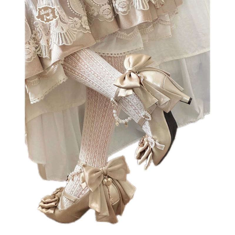 New Style【Witch's Key】Trailing Bow Low-Heeled Soft Girl Elegant Lolita Bow Shoe Clip High-Heeled Shoes