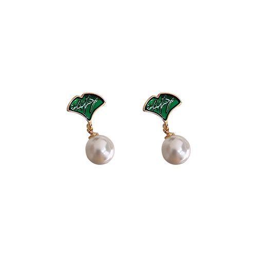 S925 Silver Needle Korean Ginkgo Green Leaf Pearl Earrings Women's Small Fresh Forest Girl Elegant Earrings Earrings
