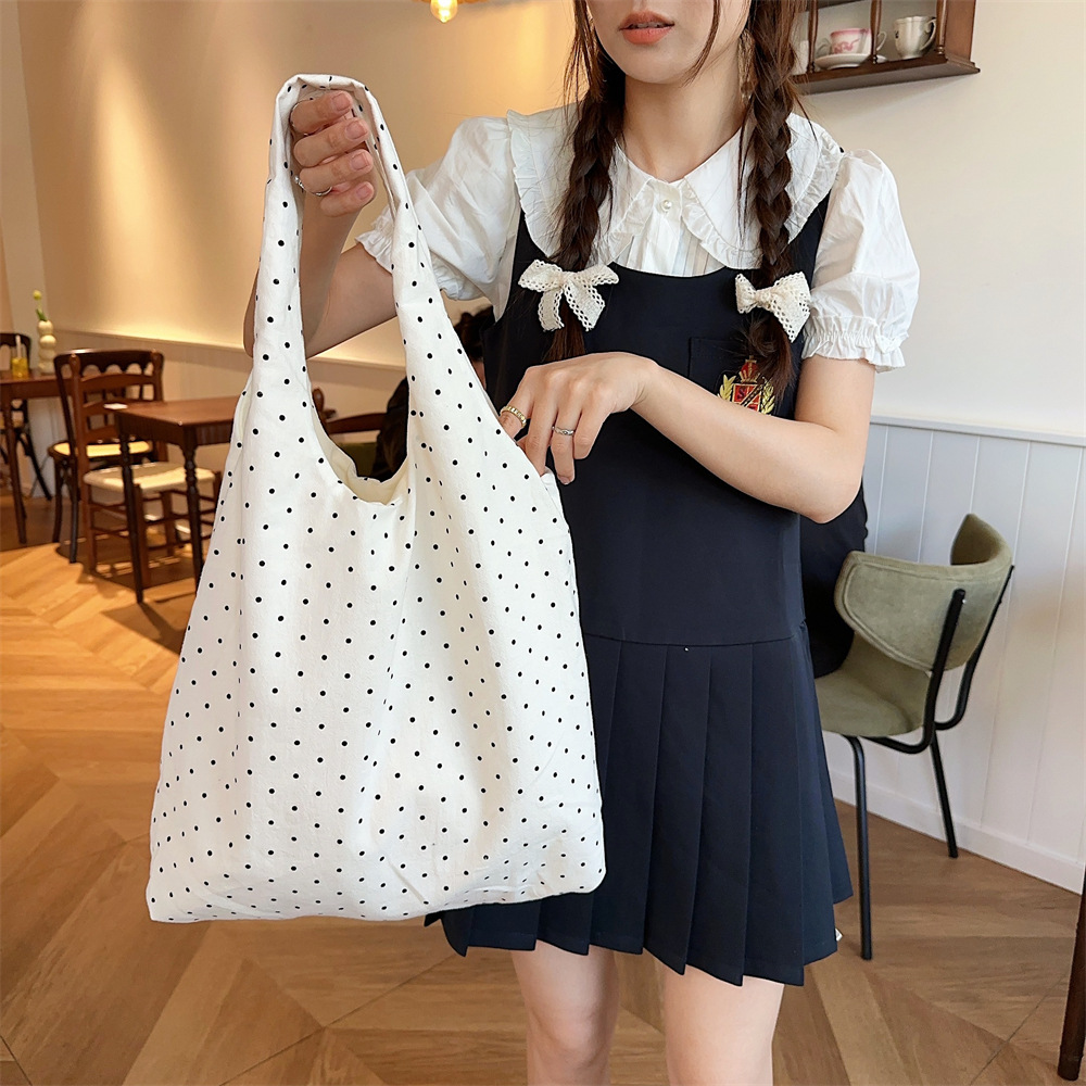 90g Weight Poplin Lining Material 19695304699 Fashion Element Open Closure Type Double Shoulder Straps Strap Type Tote Bag Bags Type Travel, Daily Occasion Canvas Material Round Dots Pattern All Seasons, Spring&Summer Season Women's Gender Streetwear Style Square Shape Medium Size 45262 New Polka Dot Canvas Bag Women's Large Capacity Bag College Students Class Canvas Bag Special-Interest Shoulder Bag 25