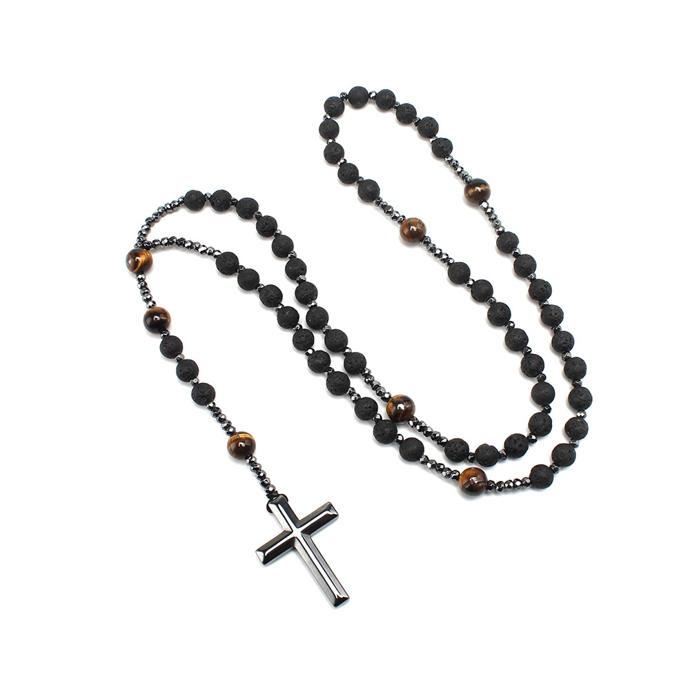 Beaded Design Chinoiserie Retro Ethnic Style Cross Natural Stone Beaded Men's Pendant Necklace