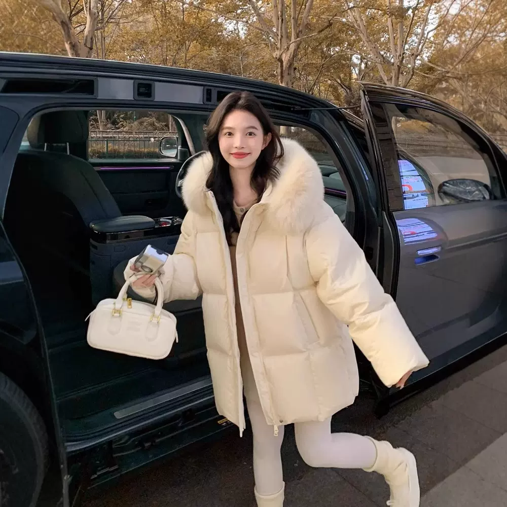 羽绒服女2024短款冬季新款韩版甜美清新小个子连帽宽松白鸭绒外套