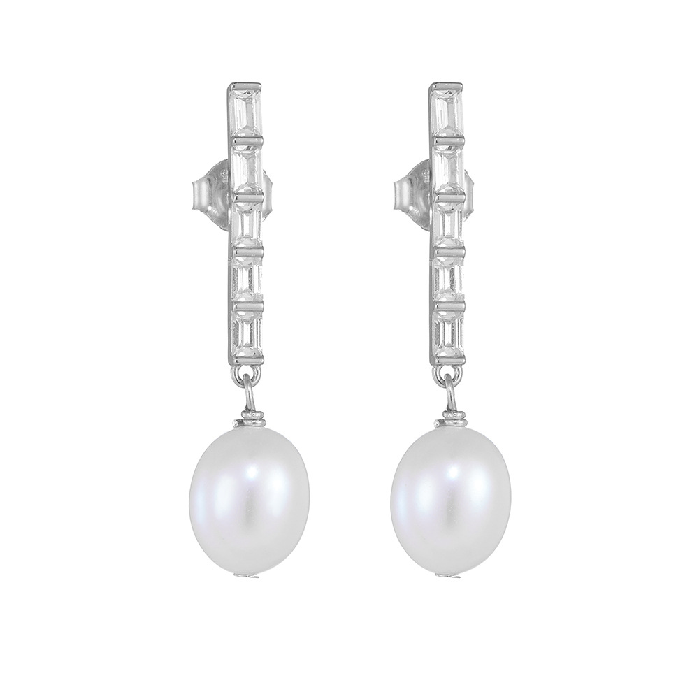 1 Pair Simple Style Geometric Solid Color Plating Inlay Freshwater Pearl Sterling Silver Zircon Drop Earrings display picture 6