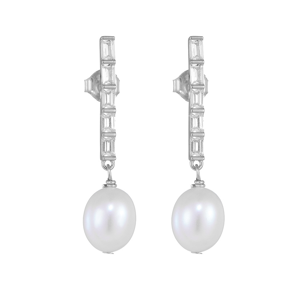 Geometric, Solid Color Pattern Women's Gender 1 Pair 925 Sterling Silver Freshwater Pearl Zircon Geometric Solid Color Drop Earrings