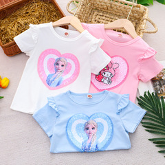 2024 Women's Children's Dual-Sided Color-Changing Glitter Short-Sleeve T-Shirt Cartoon Base Shirt Top - One Piece Dropshipping