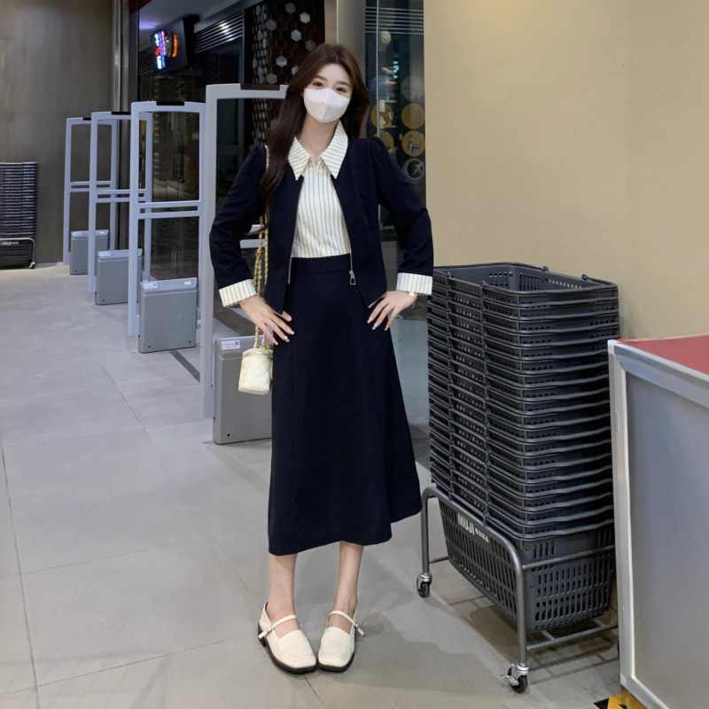法式气质长袖假三件套连衣裙女秋季新款大码胖mm收腰显瘦通勤长裙|undefined