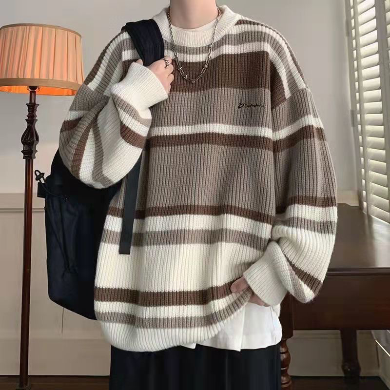 Cross-border Winter Sweater Men's Thick Striped Crew Neck Knit Sweater Hong Kong Style Loose Plus Size Base Layer Student Fashion
