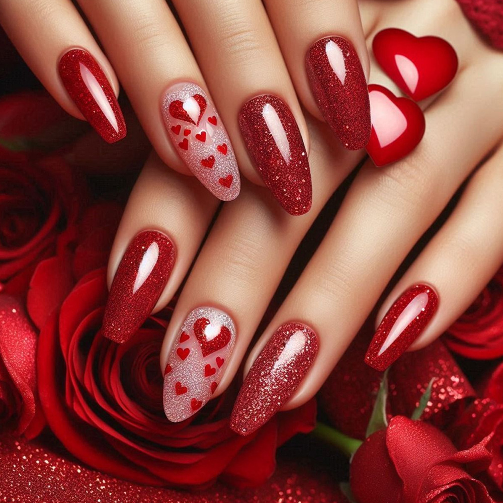 Día de San Valentín de venta transfronteriza manicure rojo simple tipo almendra parche de uñas amor polvo brillante usar manicure