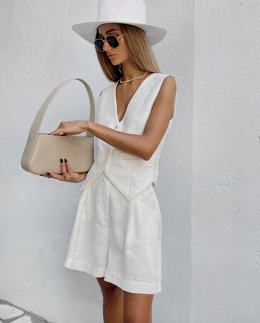 238g Weight Sleeveless Sleeve Length Cotton Fabric Type Pant Co-ord Set Sets Type 2 Pieces Set Quantity Holiday, Daily Occasion V Neck Neckline Regular Fit Fit Type Solid Color Pattern Summer Season Women's Gender Streetwear Style Holiday Daily Women's Streetwear Solid Color Cotton Pant Co-ord Set Shorts Sets 5