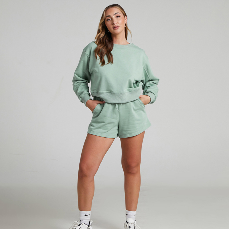 Solid Color Long Sleeve Sweaters Women Clothing Short Two-Piece Casual Shorts Suit